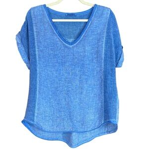 Meo Meli Blue V Neck Linen Blend Rolled Dolman Sleeve Made In Italy Top Size L
